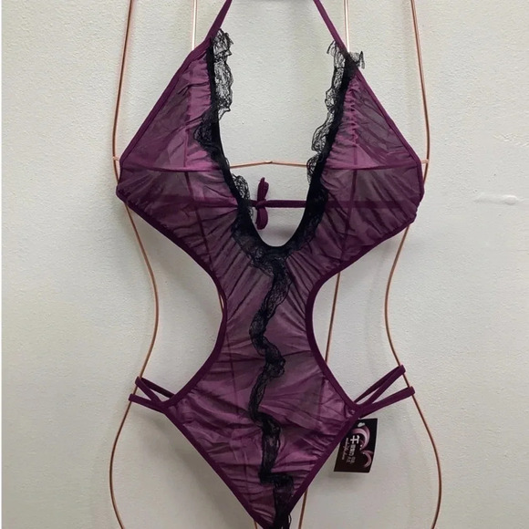 Purple One Piece Size S/M Satin & Lace Trim With Back & Neck Tie. New With Tags - Picture 1 of 3